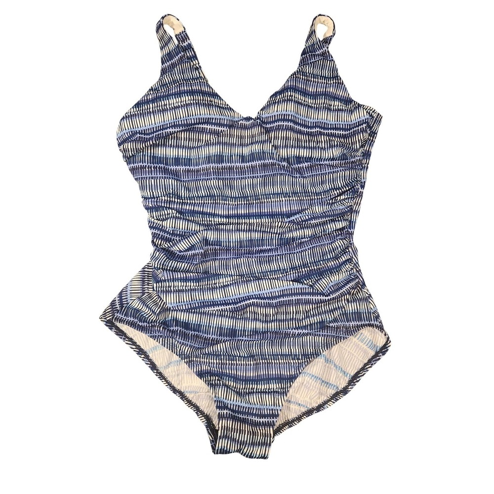 Miraclesuit X Talbots Swimsuit Womens 14 Blue Striped One Piece Tummy Control